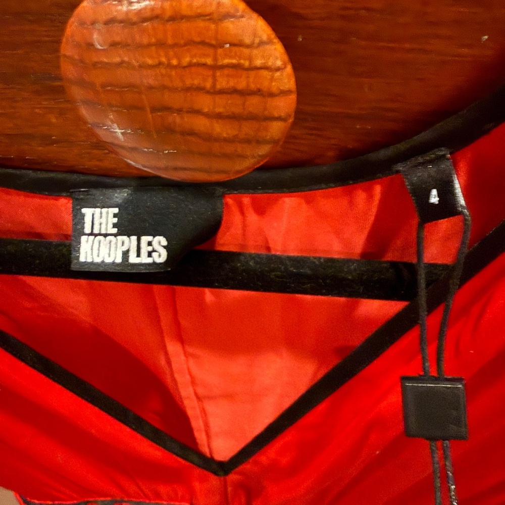 NWT The Kooples Red V-Neck Satin Dress with Black Waist Trim - Picture 2 of 10